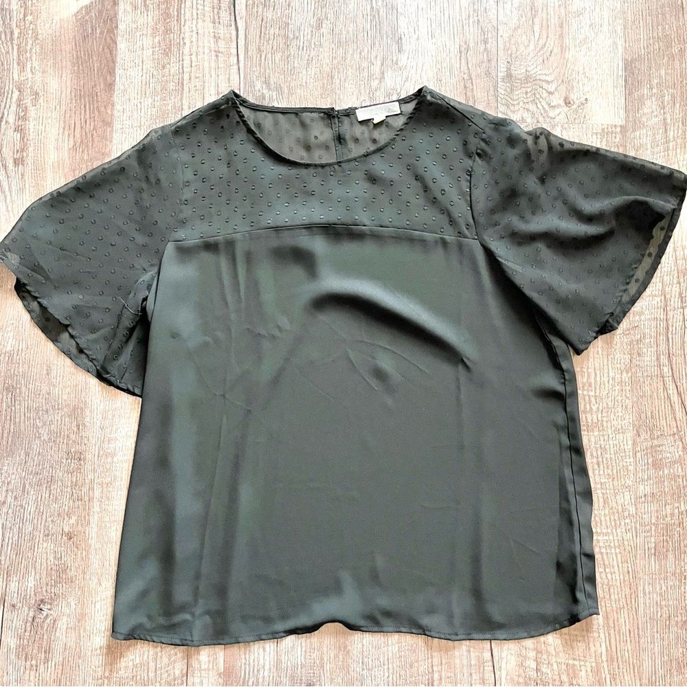 Pleione flutter sleeve blouse black Swiss dot sheer top size medium